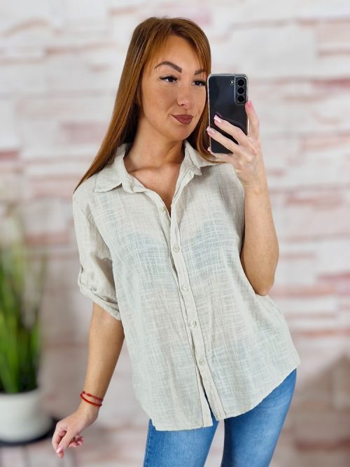 Végig gombos, roll-up ujjú, len anyagú felső M-L-XL