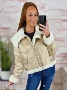 Szőrme bélésű, irha hatású, zsebes télikabát M-XL-ig