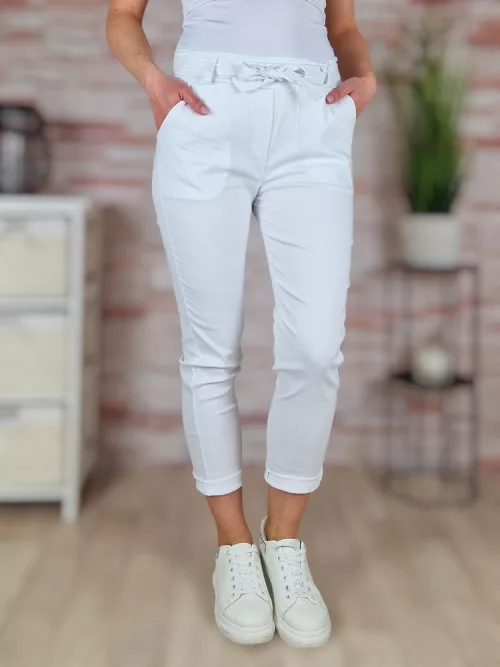 Megkötős, gumis és magas derekú, fehér nadrág S-XL-ig