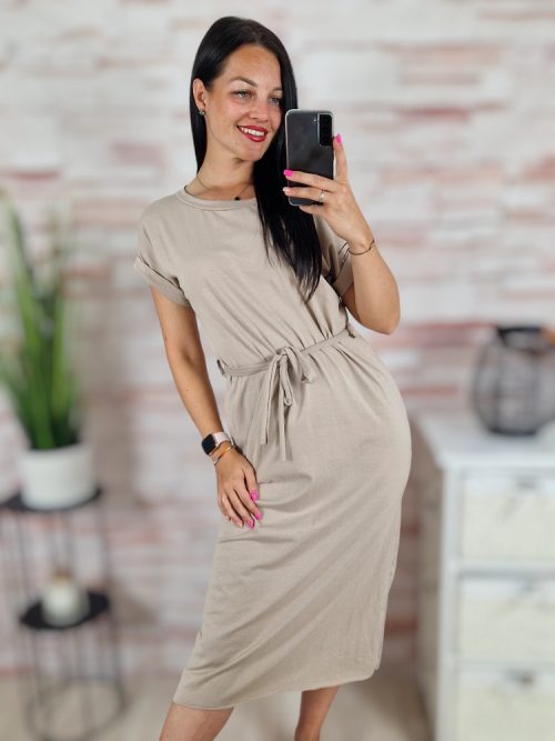 Deréknál megkötős, rövid ujjú, hosszú pamut ruha S-M