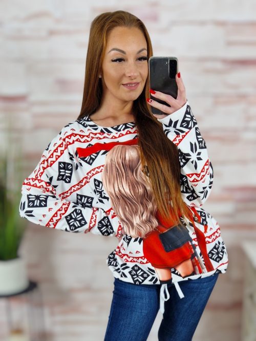 Karácsonyi mintás, alján megkötős, mikroplüss anyagú felső L-XL