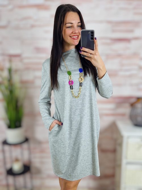 Nyakláncos, csónaknyakú, zsebes ruha S-M-L