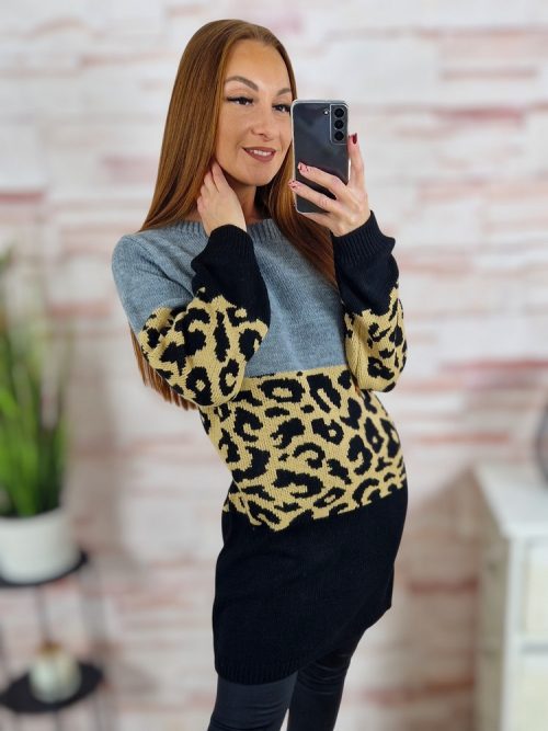 Leopárd mintás, egyenes fazonú, kötött tunika S-M-L