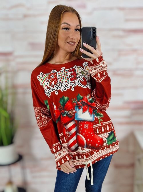 Karácsonyi mintás, alján megkötős, mikroplüss anyagú felső L-XL