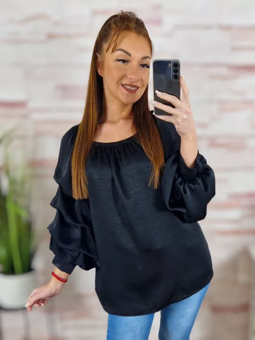 Selymes anyagú, gumis vállú, buggyos ujjú felső M-L