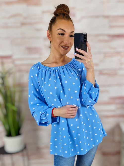 Pöttyös, gumis vállú, buggyos ujjú felső M-L