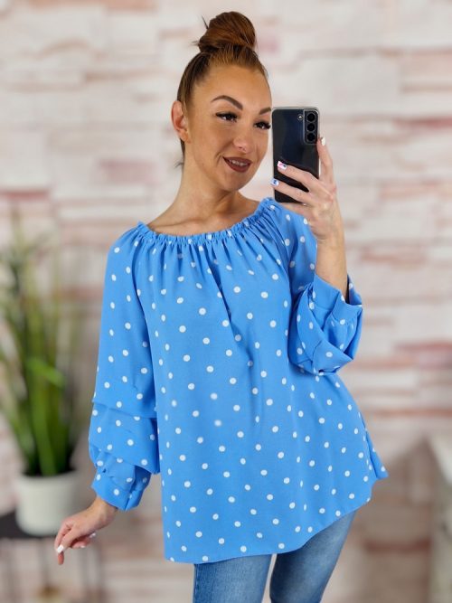 Pöttyös, gumis vállú, buggyos ujjú felső M-L