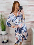 Városos mintás, mellnél átlapolt, loknis aljú ruha S-M