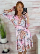 Városos mintás, mellnél átlapolt, loknis aljú ruha S-M