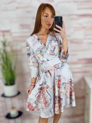 Városos mintás, mellnél átlapolt, loknis aljú ruha S-M