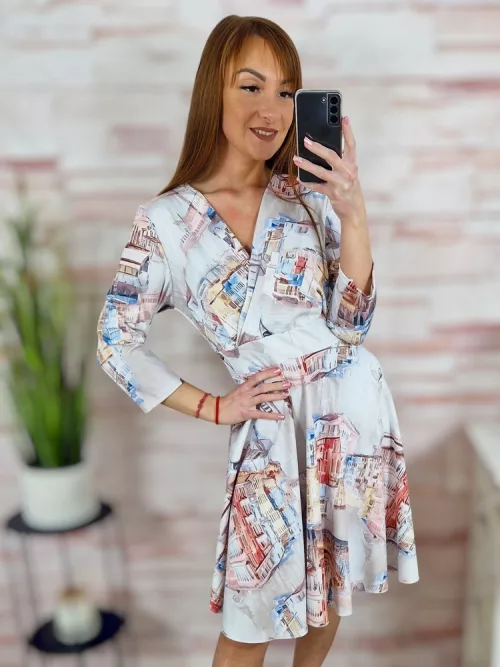 Városos mintás, mellnél átlapolt, loknis aljú ruha S-M