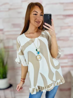 Mintás, fodros aljú és ujjú, nyakláncos felső L-XL