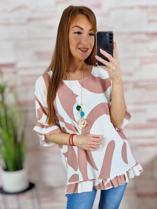 Mintás, fodros aljú és ujjú, nyakláncos felső L-XL