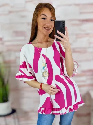 Mintás, fodros aljú és ujjú, nyakláncos felső L-XL