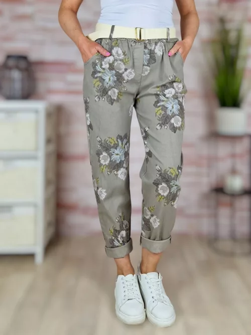 Virágmintás, öves, gumis derekú nadrág M-L-XL
