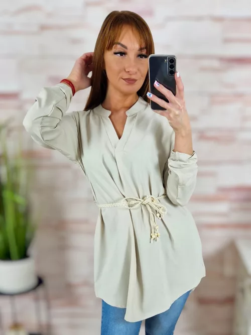 Hátul hosszított, roll-up ujjú, öves tunika S-M,L-XL