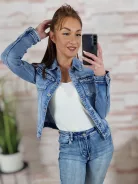 Galléros, kék, gombos és zsebes farmerkabát XS-XL-ig
