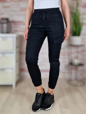   Gumis derekú, megkötős, pamut, fekete cargo nadrág XS-XL-ig