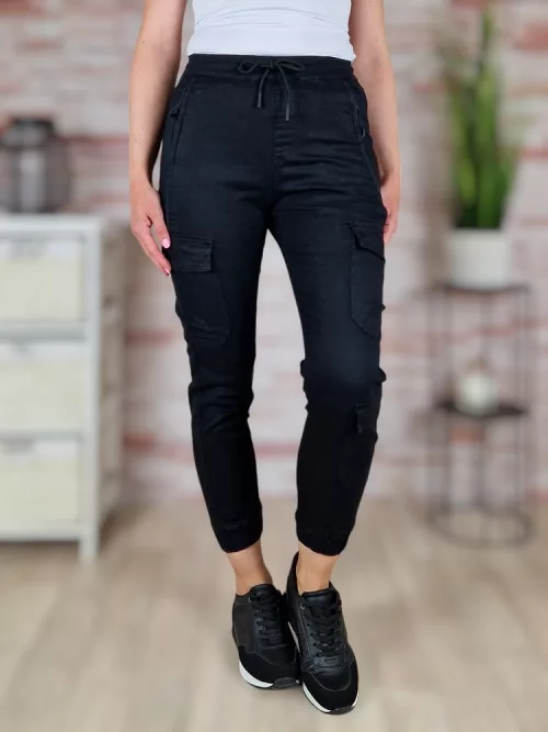 Gumis derekú, megkötős, pamut, fekete cargo nadrág XS-XL-ig