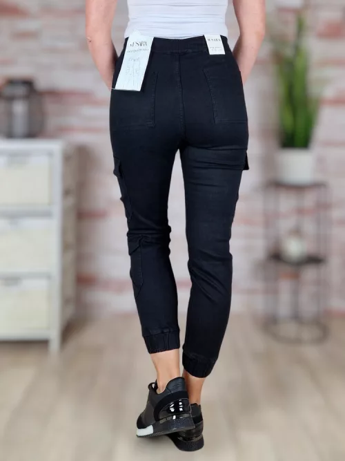 Gumis derekú, megkötős, pamut, fekete cargo nadrág XS-XL-ig