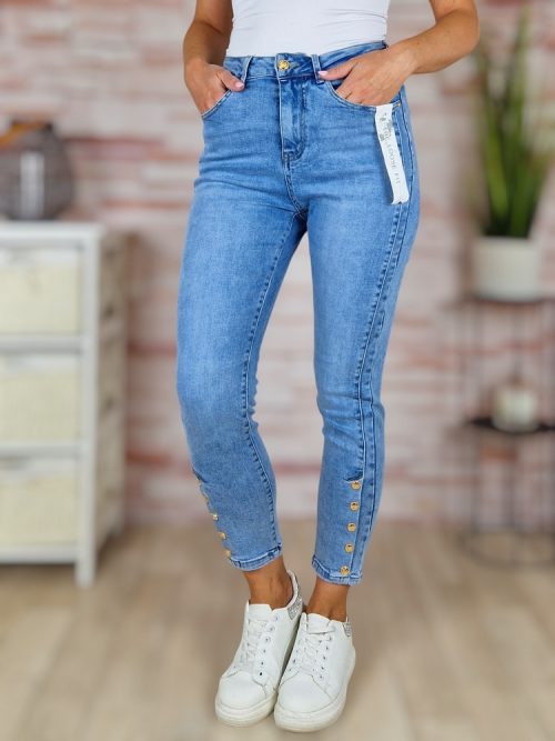 Loose fit fazonú, díszgombos, kék farmernadrág XS-XL-ig