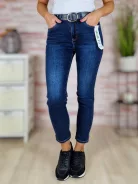 Mom fit fazonú, öves, sötétkék farmernadrág XS-XL-ig
