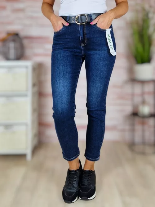Mom fit fazonú, öves, sötétkék farmernadrág XS-XL-ig