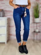 Mom fit fazonú, öves, sötétkék farmernadrág XS-XL-ig