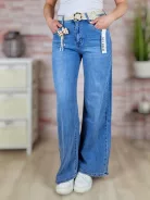 Fonott öves, bő és hosszú szárú (wide leg) kék farmernadrág XS-XL-ig