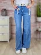 Fonott öves, bő és hosszú szárú (wide leg) kék farmernadrág XS-XL-ig