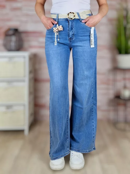 Fonott öves, bő és hosszú szárú (wide leg) kék farmernadrág XS-XL-ig