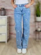 Hímzett virágmintás és strasszos díszítésű bő szárú kék farmernadrág XS-XL-ig