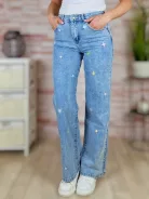 Hímzett virágmintás és strasszos díszítésű bő szárú kék farmernadrág XS-XL-ig