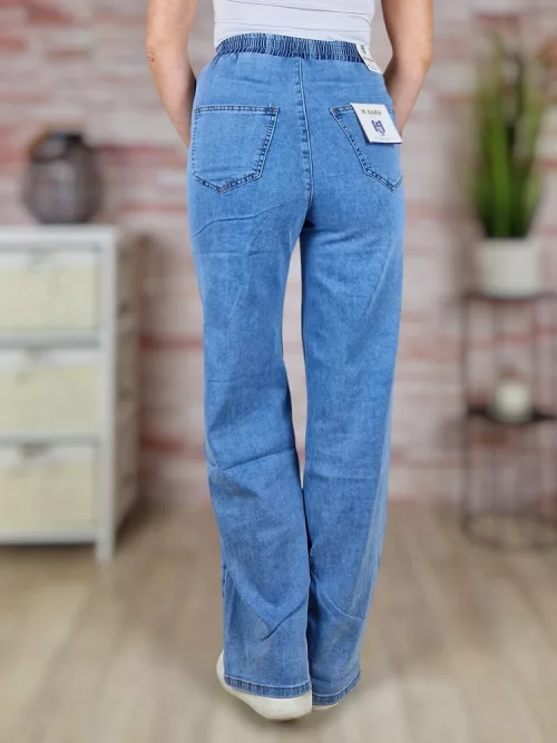Gumis derekú, bő és hosszú szárú, világoskék farmernadrág XS-XL-ig