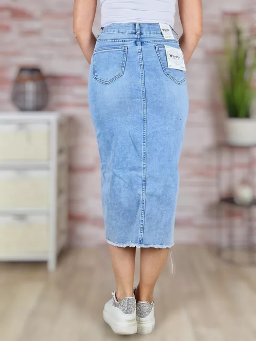 Elől sliccelt, zsebes, hosszú farmerszoknya XS-XL-ig