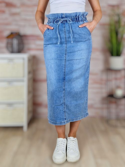 Gumis és magas derekú, zsebes, hosszú farmerszoknya XS-XL-ig