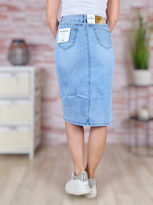 Elől mélyen sliccelt, zsebes farmerszoknya XS-XL-ig