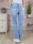 Strasszos díszítésű, bővülő szárú (trapéz), világoskék farmernadrág XS-XL-ig