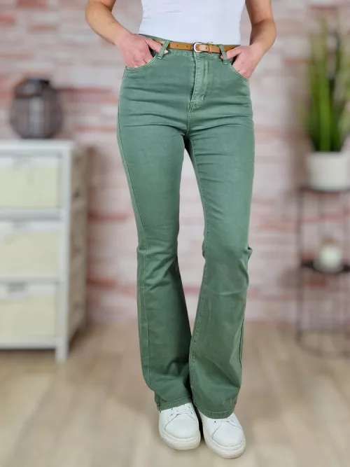 Bővülő szárú, öves, magas derekú, khaki trapéznadrág S-XXL-ig