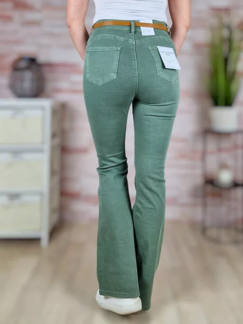 Bővülő szárú, öves, magas derekú, khaki trapéznadrág S-XXL-ig