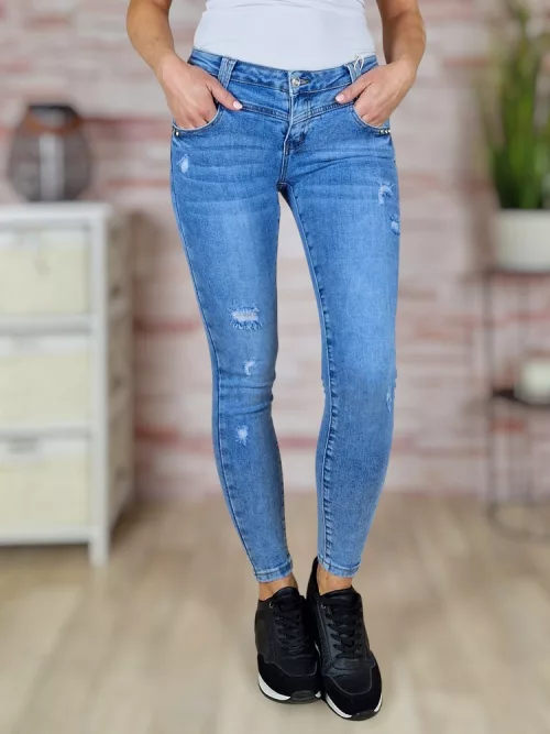 Köves díszítésű, zsebes, kék csípő farmernadrág XS-XL-ig
