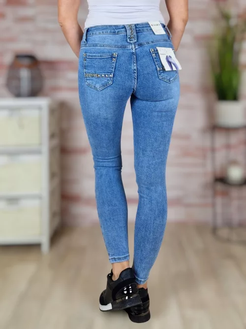 Köves díszítésű, zsebes, kék csípő farmernadrág XS-XL-ig