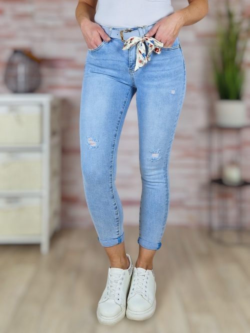 Push-up, szaggatott, öves, farmernadrág világoskék övvel S-XXL-ig