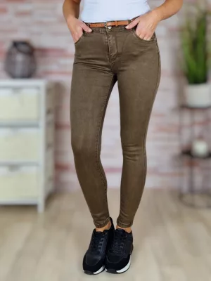   Push-up, csőszárú, pamut, sötétbarna öves nadrág XS-XL-ig
