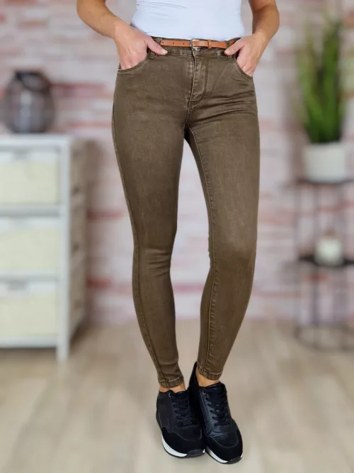 Push-up, csőszárú, pamut, sötétbarna öves nadrág XS-XL-ig