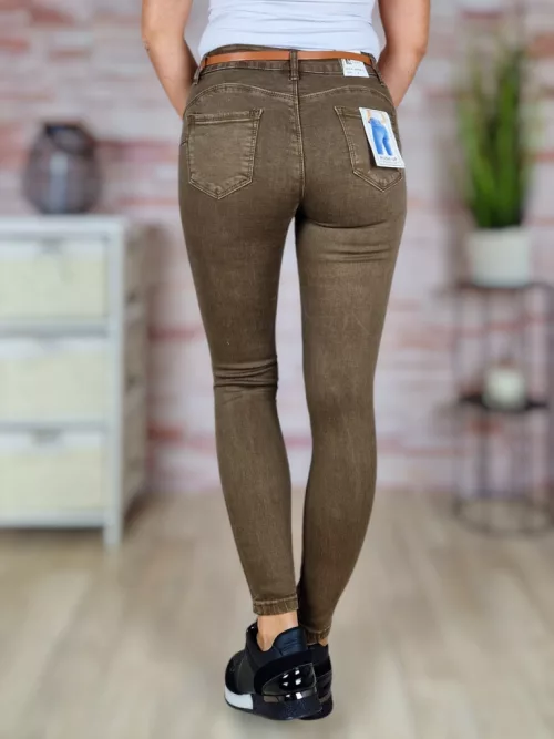 Push-up, csőszárú, pamut, sötétbarna öves nadrág XS-XL-ig