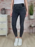 Magas, gumis derekú, sötétszürke farmernadrág 26-32-ig