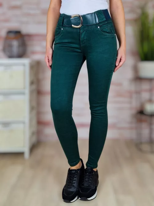 Széles öves, csőszárú, sötétzöld skinny nadrág XS-XL-ig