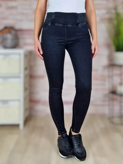 Push-up, magas és széles gumis derekú, fekete farmernadrág XS-XL-ig