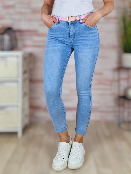 Push-up, szaggatott, rózsaszín öves, világoskék farmernadrág S-XXL-ig